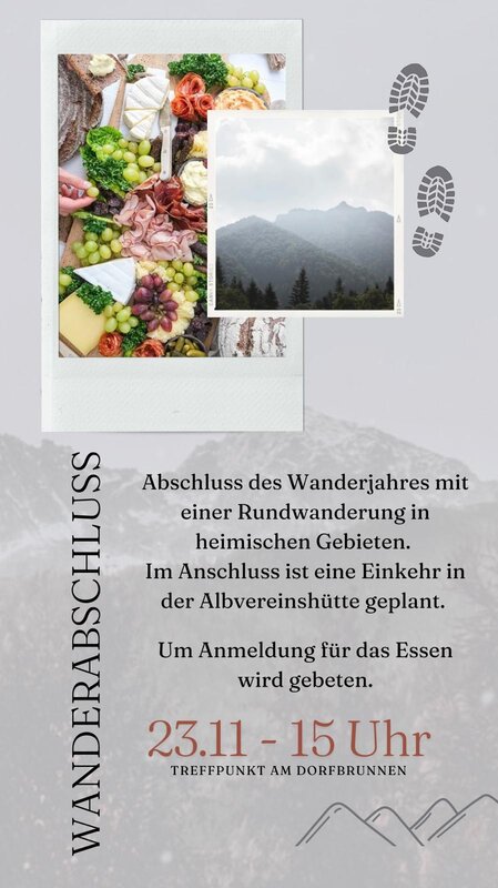 Eine Einladung für den Wanderabschluss am 23. November um 15 Uhr, mit Bildern von einem Obst- und Wurstteller sowie einem bewaldeten Berg, wobei um Anmeldung für das Essen gebeten wird.