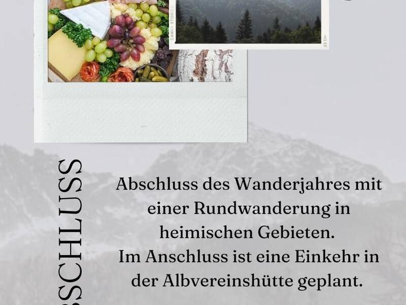 Eine Einladung für den Wanderabschluss am 23. November um 15 Uhr, mit Bildern von einem Obst- und Wurstteller sowie einem bewaldeten Berg, wobei um Anmeldung für das Essen gebeten wird.