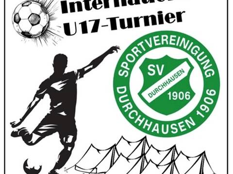 Logo des U-17 Turniers mit Vereinslogo des SV Durchhausen grüner Kreis mit weißer Schrift Sportvereinigung Durchhausen 1906 und einem Fußballspieler der den Ball kickt mit Zelten im Hintergrund und einem Fußball
